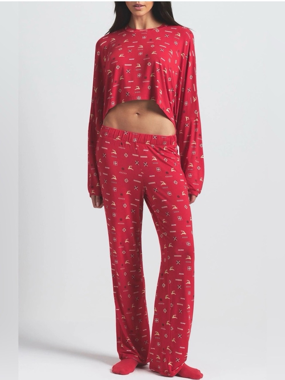 SKIMS Soft Modal Blend Pajama Set Cranberry Vintage Deer Print Size Small Petite